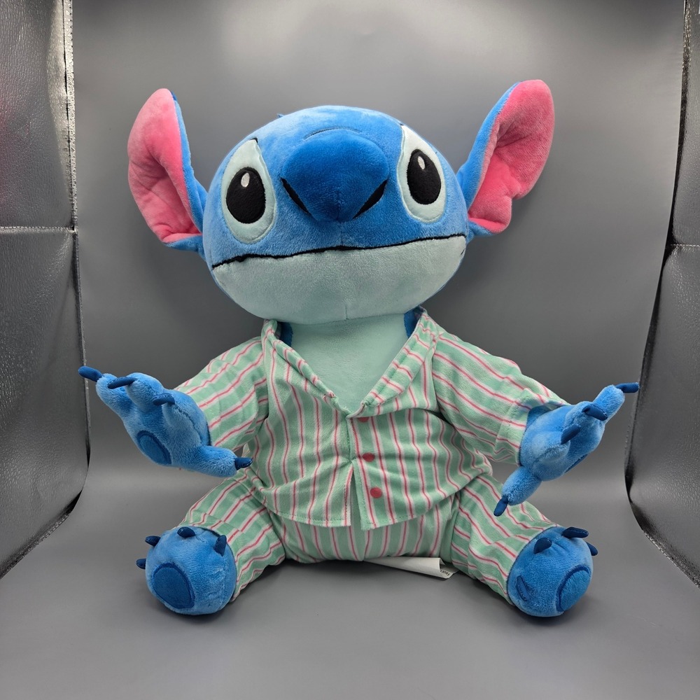 Disney The Big One Stitch Plush in Striped Pajamas Blue Green Pink 12 Inch
